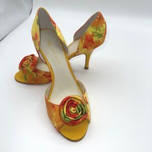 AK Anne Klein AK Kalei Womens 6M Yellow Floral Peep Toe Rose Heels Shoes Festive